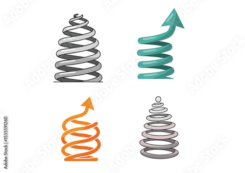 Spring icon coiled but rising upward, symbolizing bouncing back and inner flexibility with smooth geometric form on transparent background