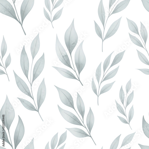 Elegant Watercolor Greenery Seamless Pattern: Dusty Blue Leaves Botanical Illustration