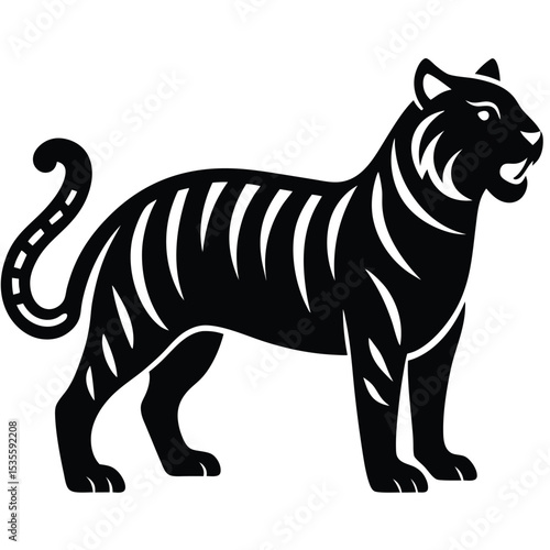 Bold black and white vector illustration of a striking tiger in standing position