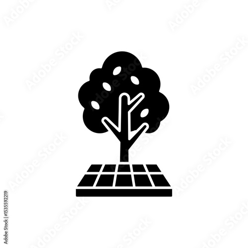 Tree growing from solar cell icon for renewable green energy