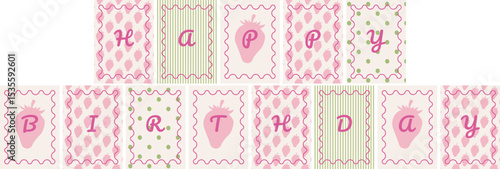 Happy birthday banner cards with srawberry in whimsical hand drawn style, wavy frames, green dots pattern and ink strawberry pattern.