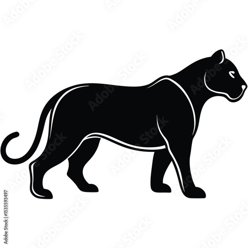 Elegant black panther silhouette standing isolated on white background representing strength and power