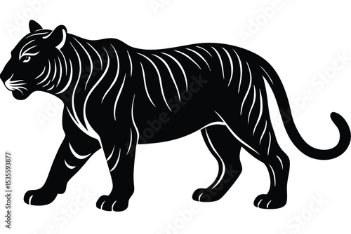 Elegant black tiger illustration walking profile view in silhouette design concept