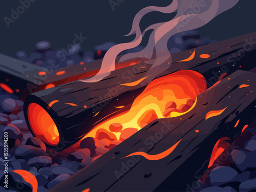 smoldering charred wood with glowing embers in deep cracks, soft orange and red light reflecting from the burnt surface 