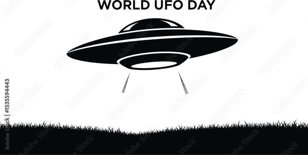 Fototapeta premium A black and white illustration of a ufo hovering over a field with world ufo day text above it