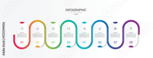 Infographic line curve. Timeline 8 Key Points. Business Presentation , Report, Marketing, Timeline and Planning. Vector Illustration.