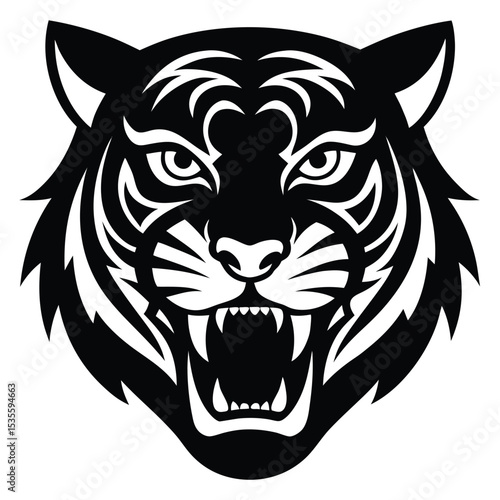 Fierce roaring tiger head graphic in black and white with detailed tribal design