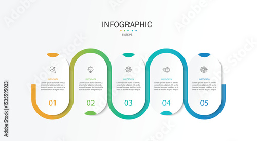 Infographic line curve. Timeline 5 Key Points. Business Presentation , Report, Marketing, Timeline and Planning. Vector Illustration.