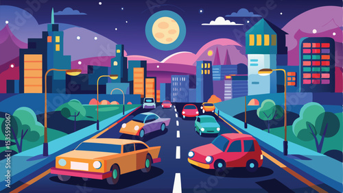 Colorful Cartoon Cityscape at Night with Cars on the Road and a Full Moon
