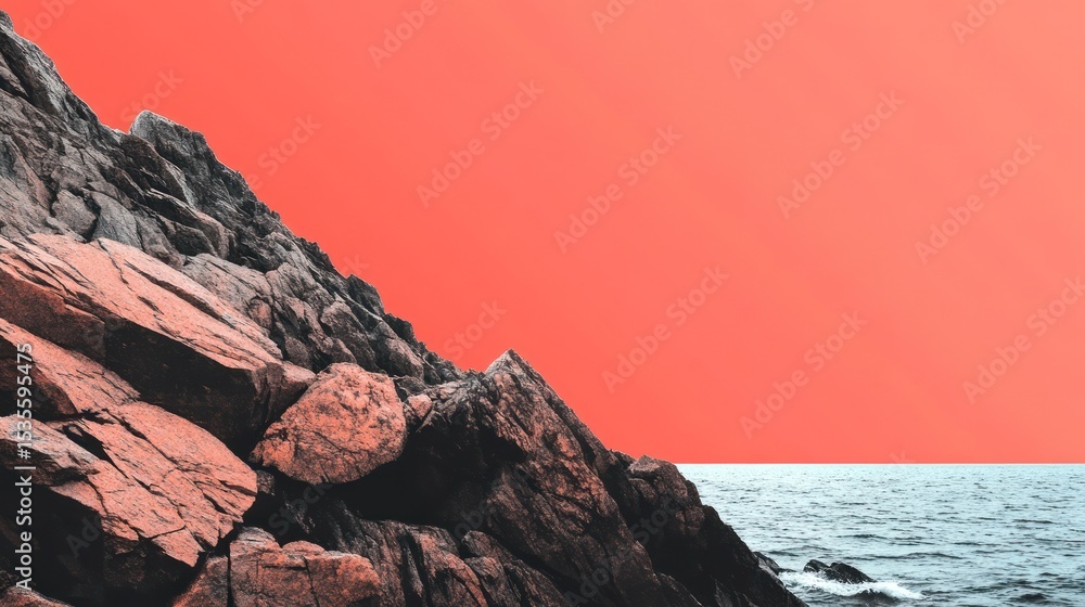 Fototapeta premium Vibrant Sunset Over Rocky Shoreline with Calm Ocean Waters and Dramatic Color Contrast