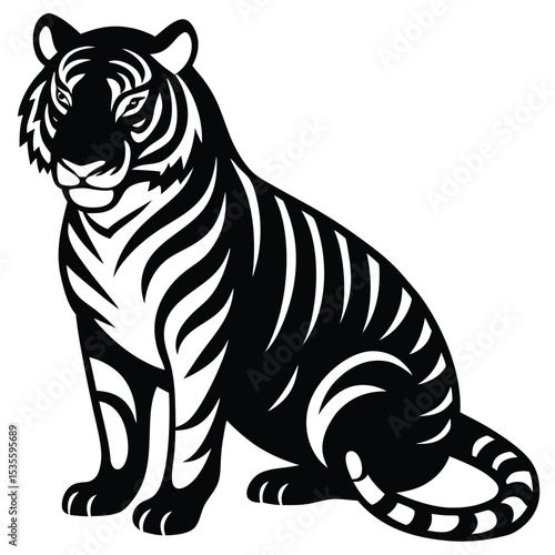Majestic silhouette of a tiger in a resting pose against a clean white background