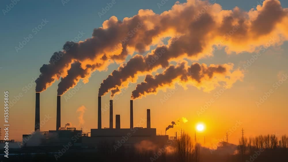 Factory chimney smoke pollution at sunset with orange sky and sun, industrial air contamination and power plant silhouette Factory chimney smoke pollution at sunset with orange sky and sun, industrial air contamination and power plant silhouette