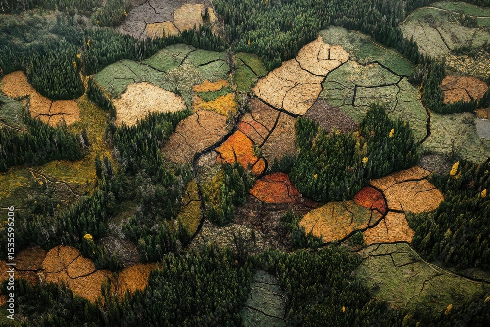 Fototapeta premium Aerial view of autumnal forest and wetlands