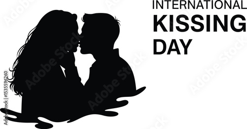 Silhouette of couple kissing beside international kissing day text on white background art design