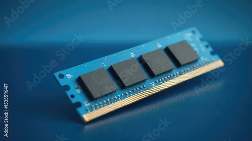 Closeup of a blue computer memory module with four black chips, showcasing technological hardware and digital information