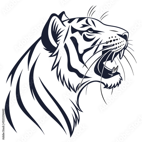 Powerful black and white tiger head roaring side profile with fierce expression design