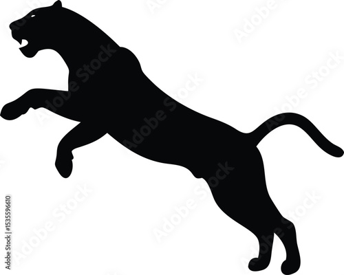 Powerful black silhouette of a jumping panther on a white background displayed artistically