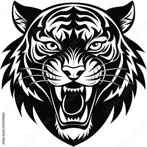 Powerful detailed black and white tiger head roaring isolated on a white background