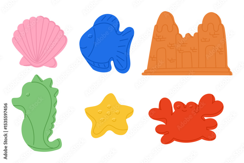 Fototapeta premium Colorful set of kids beach toys including shell, fish, crab, star, seahorse and sandcastle shapes. Concept evokes summer playtime, seaside fun and childhood creativity