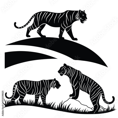 Silhouette artwork featuring tigers in a stylized black and white illustration of wildlife