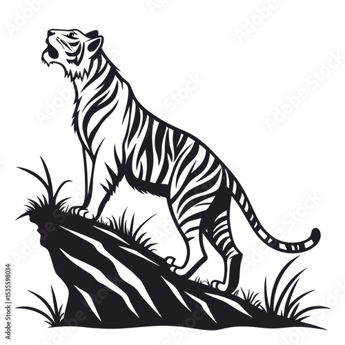 Powerful tiger roaring atop a rock formation vector illustration black and white silhouette