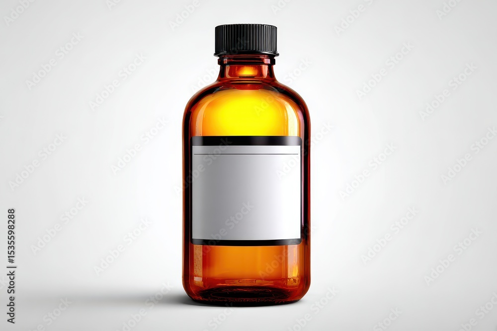 Amber glass bottle with blank label and black cap on white background in studio product photo Amber glass bottle with blank label and black cap on white background in studio product photo