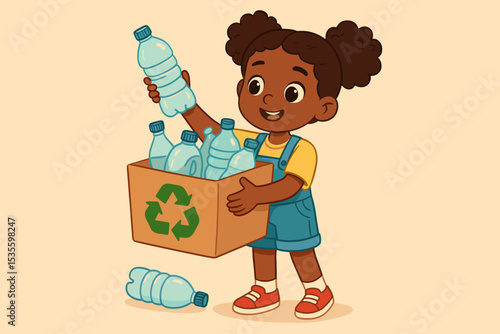 Happy cartoon black girl sorting plastic bottles for recycling. Cute kid with cardboard box and recycle symbol. Concept for ecology, environmental care, education, sustainability.