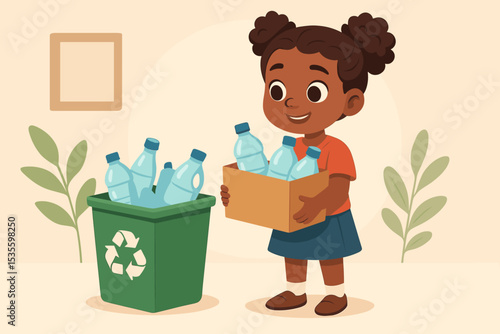 Happy African American girl recycling plastic bottles into a green bin. Eco friendly kid learning about environmental responsibility and sustainability. Waste sorting vector concept.