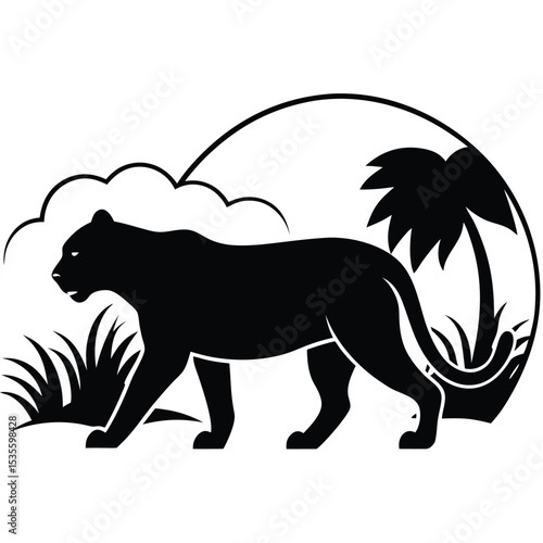 Silhouette illustration of a black panther walking in a tropical landscape scene