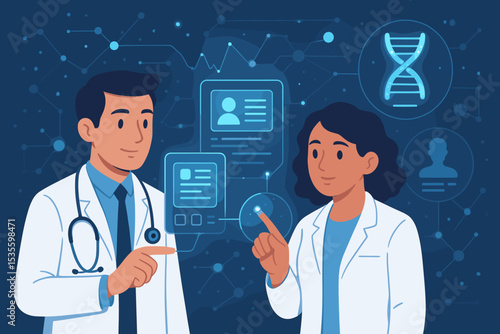 Doctors team analyzing patient data on a futuristic digital interface. Medical technology, electronic health records, DNA research, and scientific innovation concept illustration.