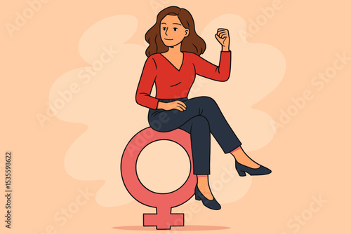 Feminism concept with empowered woman sitting on the female gender symbol raising her fist. Girl power, confidence, strength and women's rights. Vector illustration for equality.