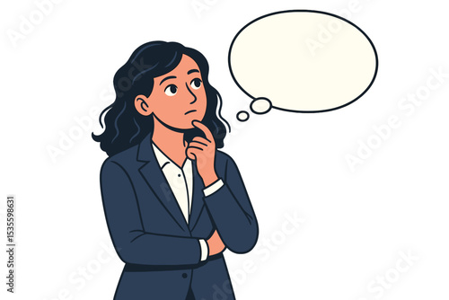 Businesswoman thinking. Pensive woman with thought bubble. Creative planning, problem solving. Business decision making concept. Professional female character brainstorming a new idea.