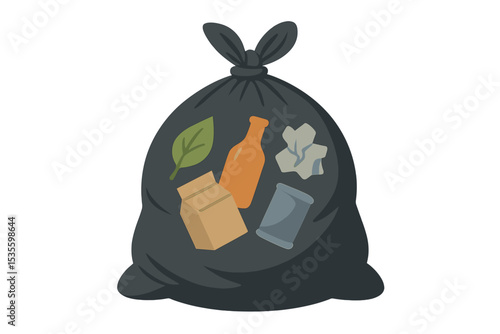 Transparent trash bag with sorted garbage for recycling. Vector illustration of waste management concept with paper, glass, metal, and organic waste. Ecology and environment care.