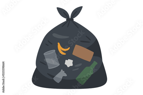 Black plastic trash bag full of garbage for recycling. Waste management and rubbish disposal concept. Household junk, litter and refuse vector illustration. Ecology and pollution icon.