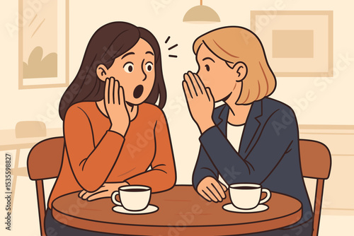 Women gossiping in cafe, one whispering a secret to her shocked friend. Concept of rumors, confidential information, social communication. Two girls chatting over coffee. Vector.