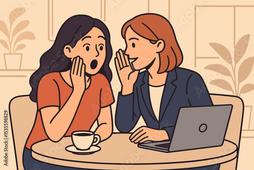 Woman whispers secret into shocked friend's ear. Two women gossiping in a cafe. Office colleagues chat. Concept of rumor, confidential talk, private conversation, and friendship.