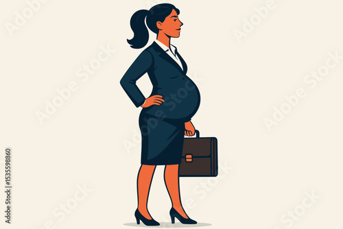 Pregnant businesswoman vector illustration. Confident expecting mother in a suit with a briefcase. Concept for work-life balance, maternity leave, career and motherhood. Strong professional woman.