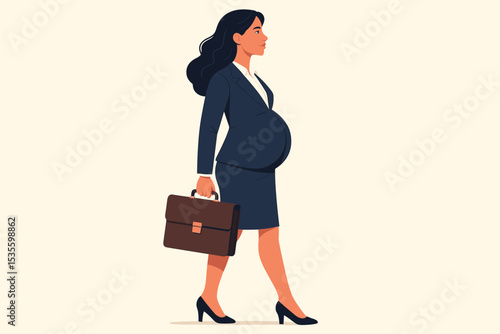 Pregnant businesswoman walking with briefcase. Professional corporate woman in suit. Concept of maternity, career, motherhood, work-life balance and female empowerment. Vector art.