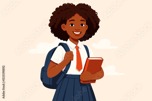 Happy African American schoolgirl with a backpack and book. Cute Black student in uniform smiling. Concept for back to school, education, and learning. Vector character illustration.