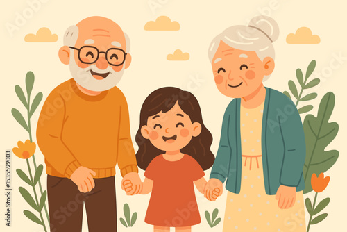 Smiling grandparents and grandchild together. Elderly man and woman with a little girl holding hands. Multigenerational family portrait. Love, heritage, and bond concept. Vector.