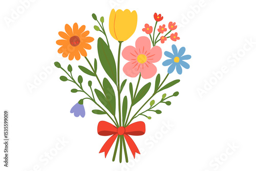 Cute cartoon spring flower bouquet with red ribbon. Vector illustration of a bunch of colorful wildflowers. Isolated floral design element for Mothers Day, birthday, or greeting card.