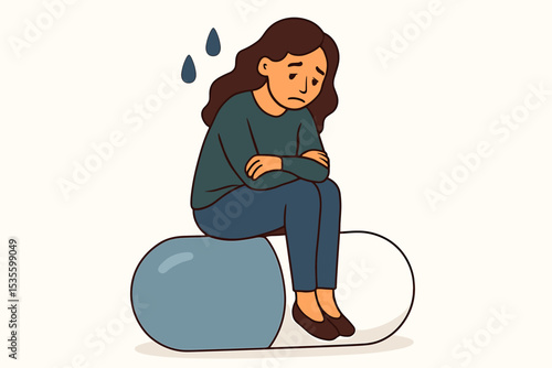 Unhappy woman sits on a large medicine capsule. Metaphor for depression, mental illness, anxiety disorder, drug addiction, and reliance on pills for treatment. Psychology concept vector.
