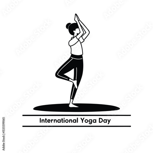 Black and White Illustration Woman Practicing Yoga Tree Pose International Yoga Day 1