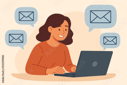 Woman working on laptop sending emails. Email marketing concept with a smiling girl at her computer. Digital communication and business newsletter strategy illustration. Online work.