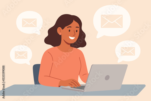 Email marketing concept. Happy woman working on laptop, sending newsletters. Digital communication, online business promotion, customer support, and direct mail strategy illustration.