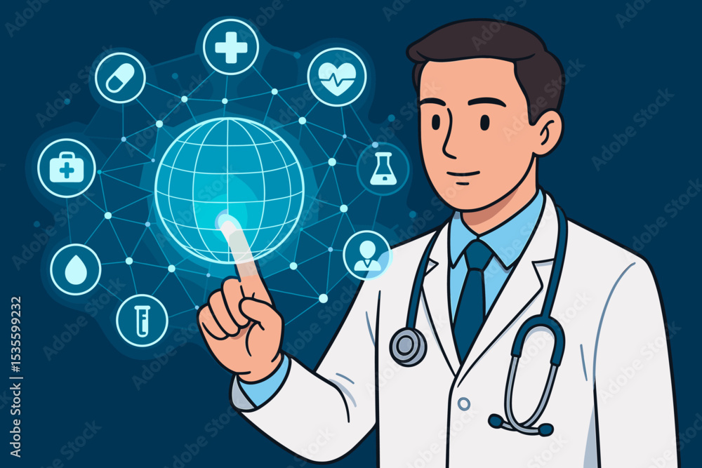 Doctor using digital interface for global healthcare network. Telemedicine and e-health concept with futuristic technology. Medical innovation with online virtual consultation. Doctor using digital interface for global healthcare network. Telemedicine and e-health concept with futuristic technology. Medical innovation with online virtual consultation.