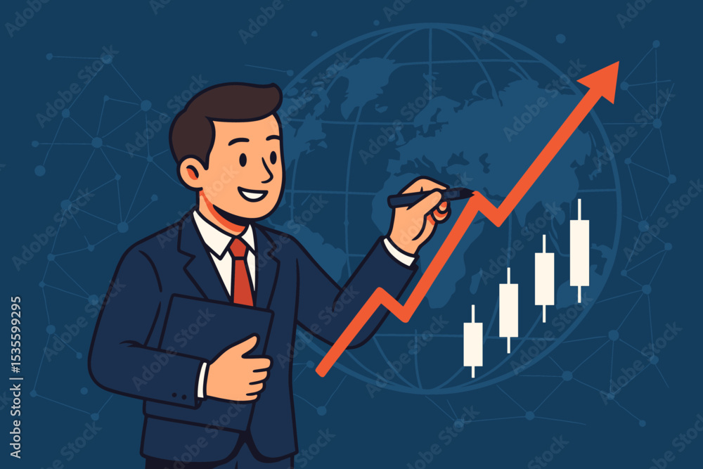 Businessman analyzing stock market growth. Financial investment and trading concept with upward arrow and candlestick chart. Global economy and business success vector illustration. Businessman analyzing stock market growth. Financial investment and trading concept with upward arrow and candlestick chart. Global economy and business success vector illustration.