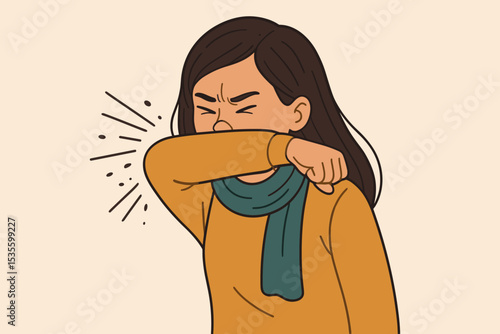 Sick woman coughing or sneezing into her elbow. Concept for illness, flu, cold, and allergy symptoms. Disease prevention and hygiene etiquette to stop spreading germs and virus.