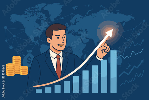 Businessman points at rising financial graph arrow. Global business investment, economic growth strategy concept. Stock market profit, success cartoon with world map and money.
