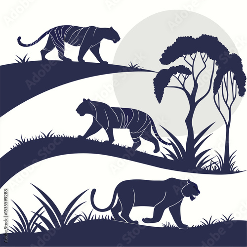 Silhouette illustration of three tigers walking in a natural landscape with trees and a large moon